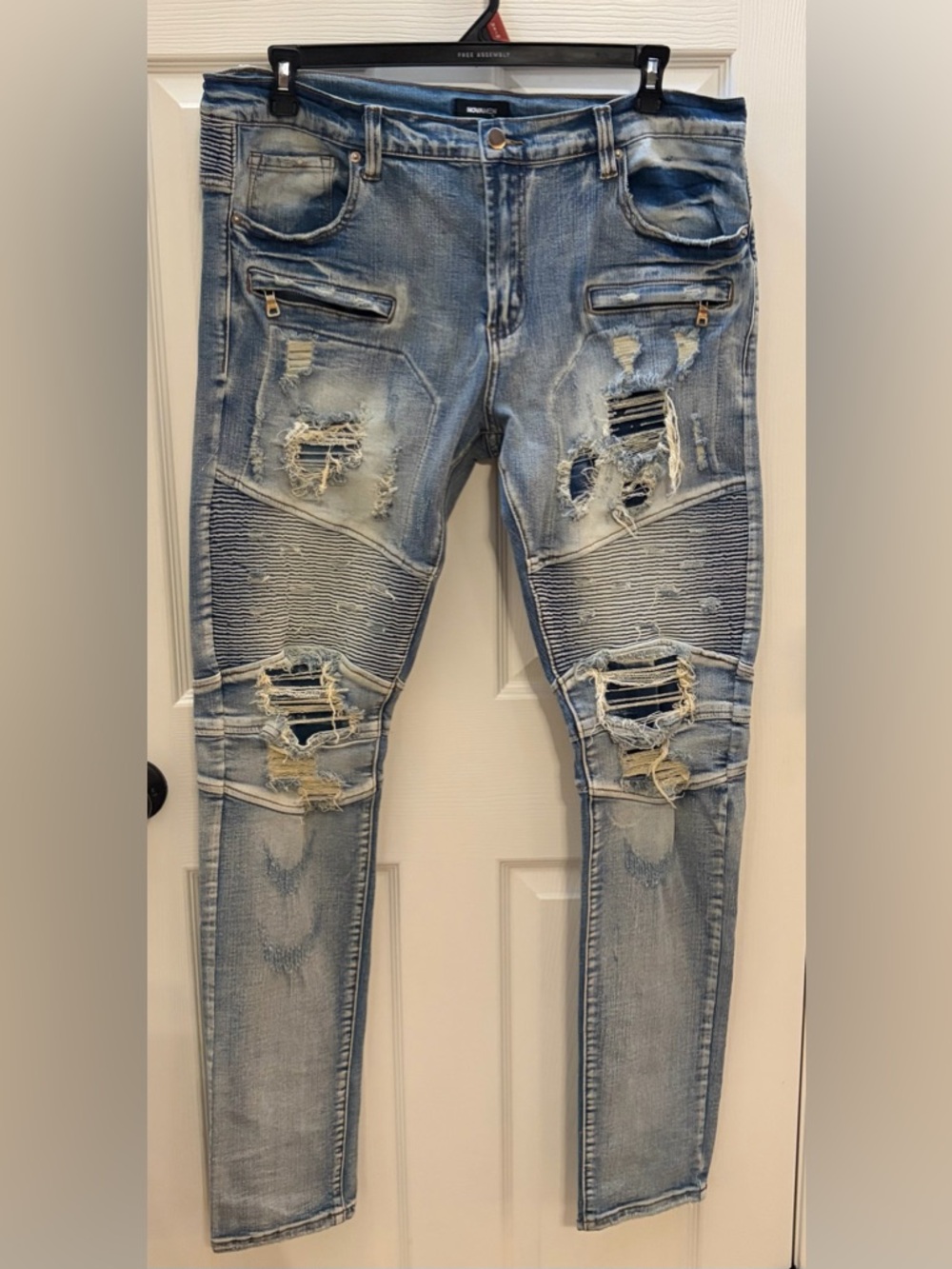 Skinny Distressed Light Blue Mens Jeans - Ripped Moto Detail